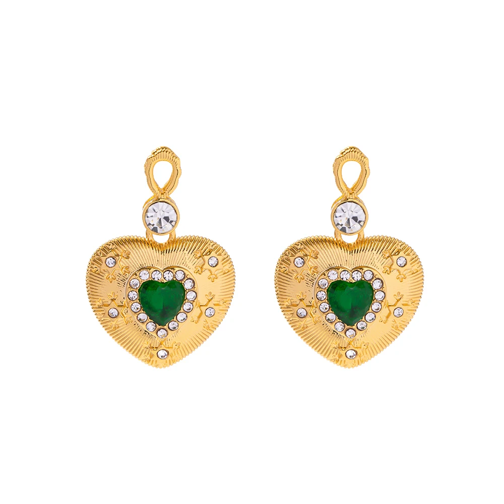 

New Arrival Delicate Heart Earring Bump Brass Green Zircon Paved Heart Drop Earrings for Women
