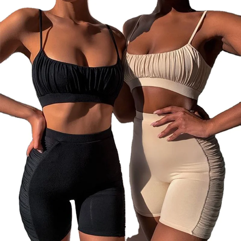 

2020 amazon best selling products high waisted sports bikini 2 piece Pleated shorts swimsuits for women