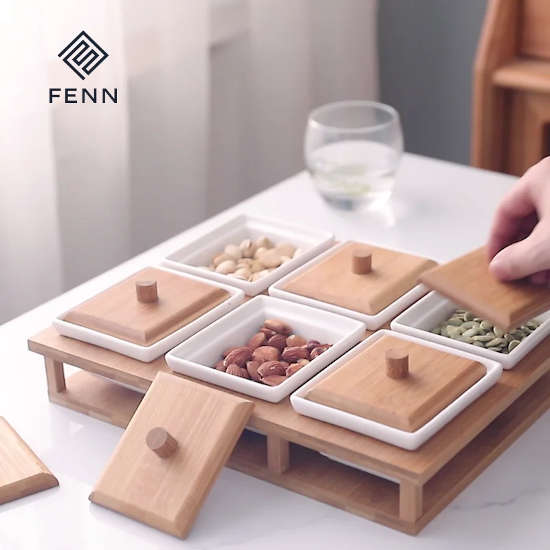 Ceramic Condiment Set With Wooden Lids And Base To Store Sugar Salt