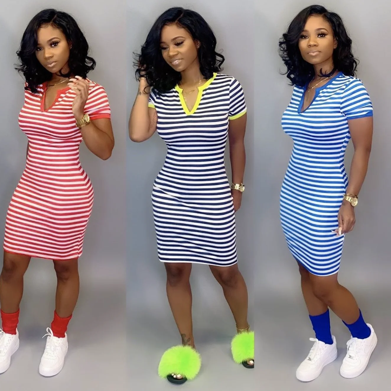 

Amazon new European American women classic striped V-neck dress 2021summer women casual dress