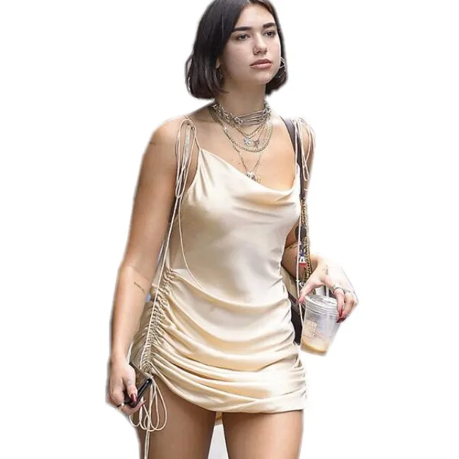 Spaghetti Strap Mini Satin Dresses Women Sexy Backless Bandage Bodycon Party Dress Pleated Short Club Dress Y12286