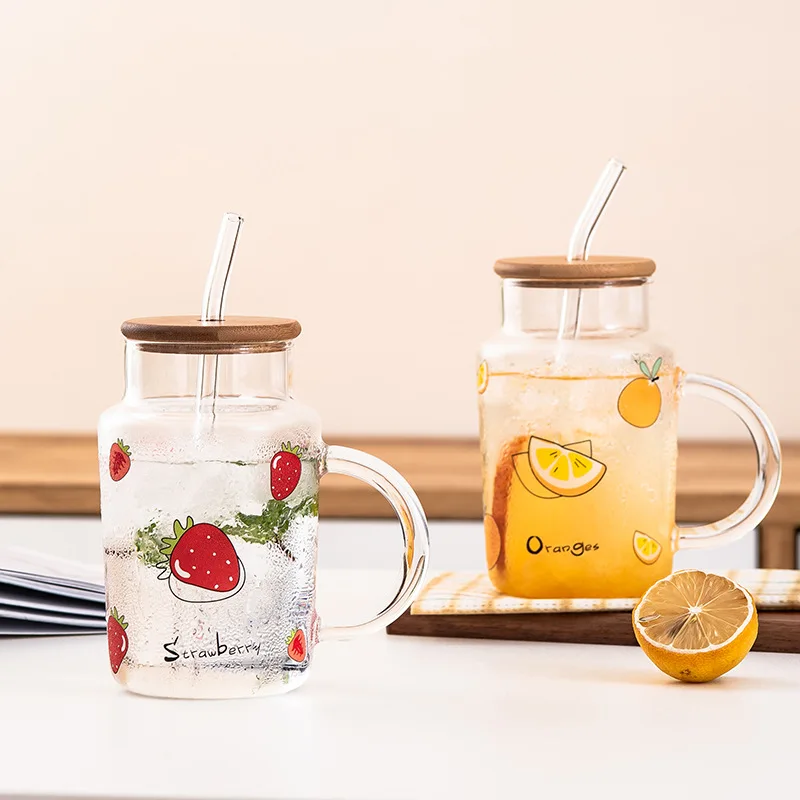 

Girls kids Cute Cartoon fruit cute milk glass creative mug glass with wooden lid transparent water cup