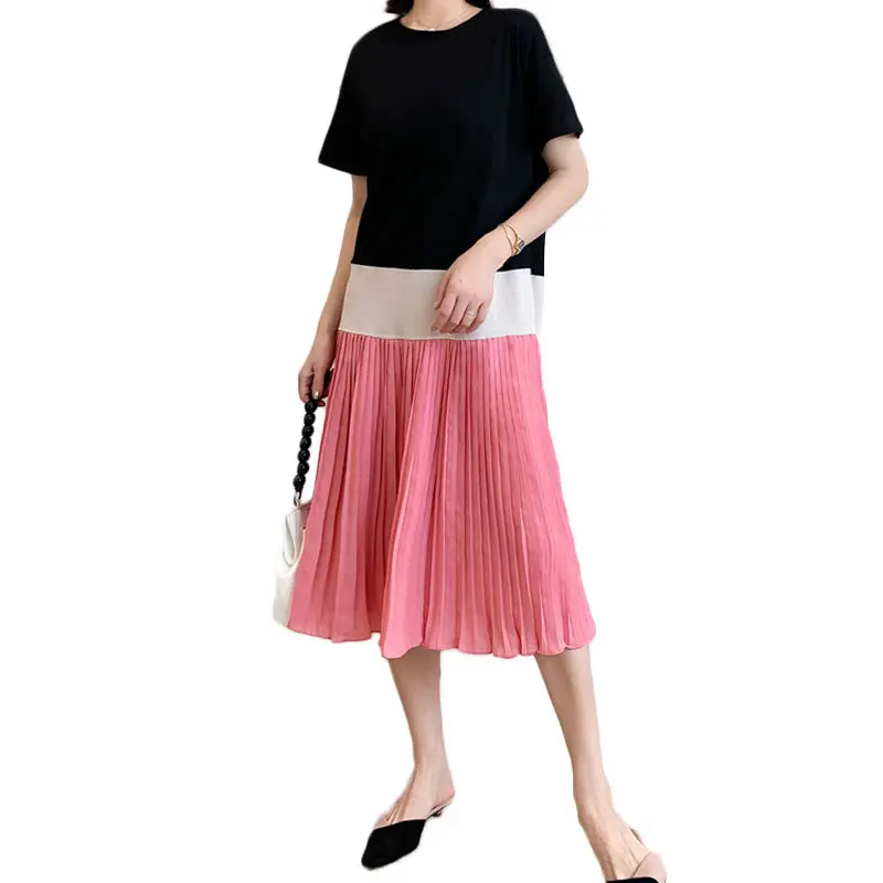 

Fashion summer women short sleeve cotton long t-shirt dress ladies casual midi pleated chiffon dresses