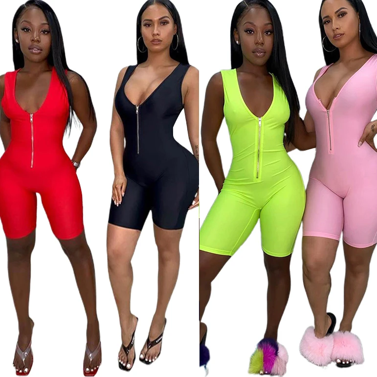 

Womens Bodycon Rompers and Jumpsuits No Sleeves Short Pants Plain Logo Custom Zipper Candy Color Female All in One RS00343