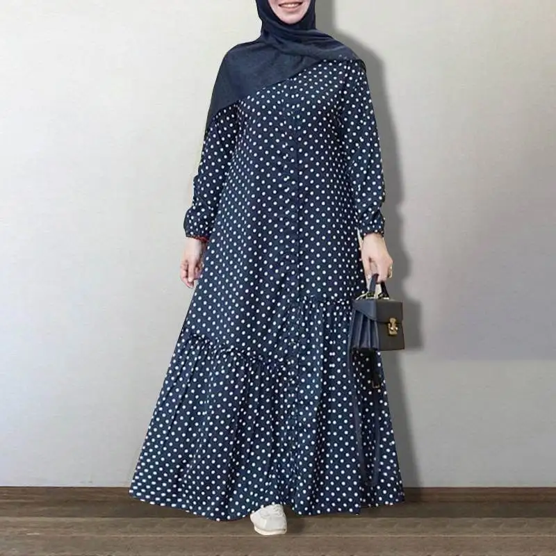 

Kaftan printed muslim maxi dress women's autumn sundress zanzea 2021 causal puff sleeve vestidos female polka dot button robe, As pictures