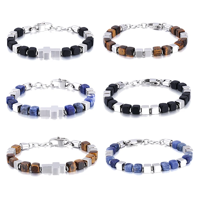 

Aventurine Labradorite Tiger Eye Stainless Steel Jewelry Custom Cross Accessory Natural Stone Square Beads Bracelet For Men, Picture shows