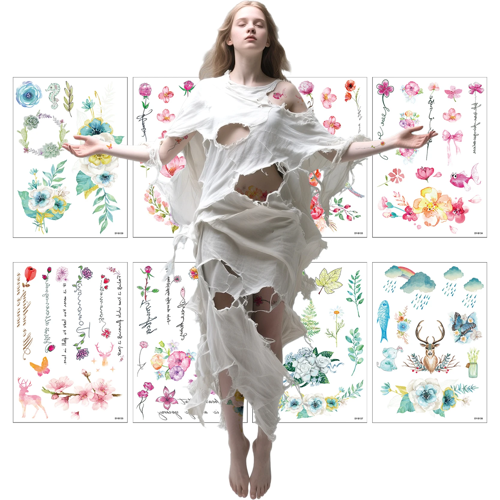 New Creative Hand Drawn Flower Temporary Tattoo Stickers | Water Transfer Face Body Art | Fashionable Non-Toxic | Party Festival