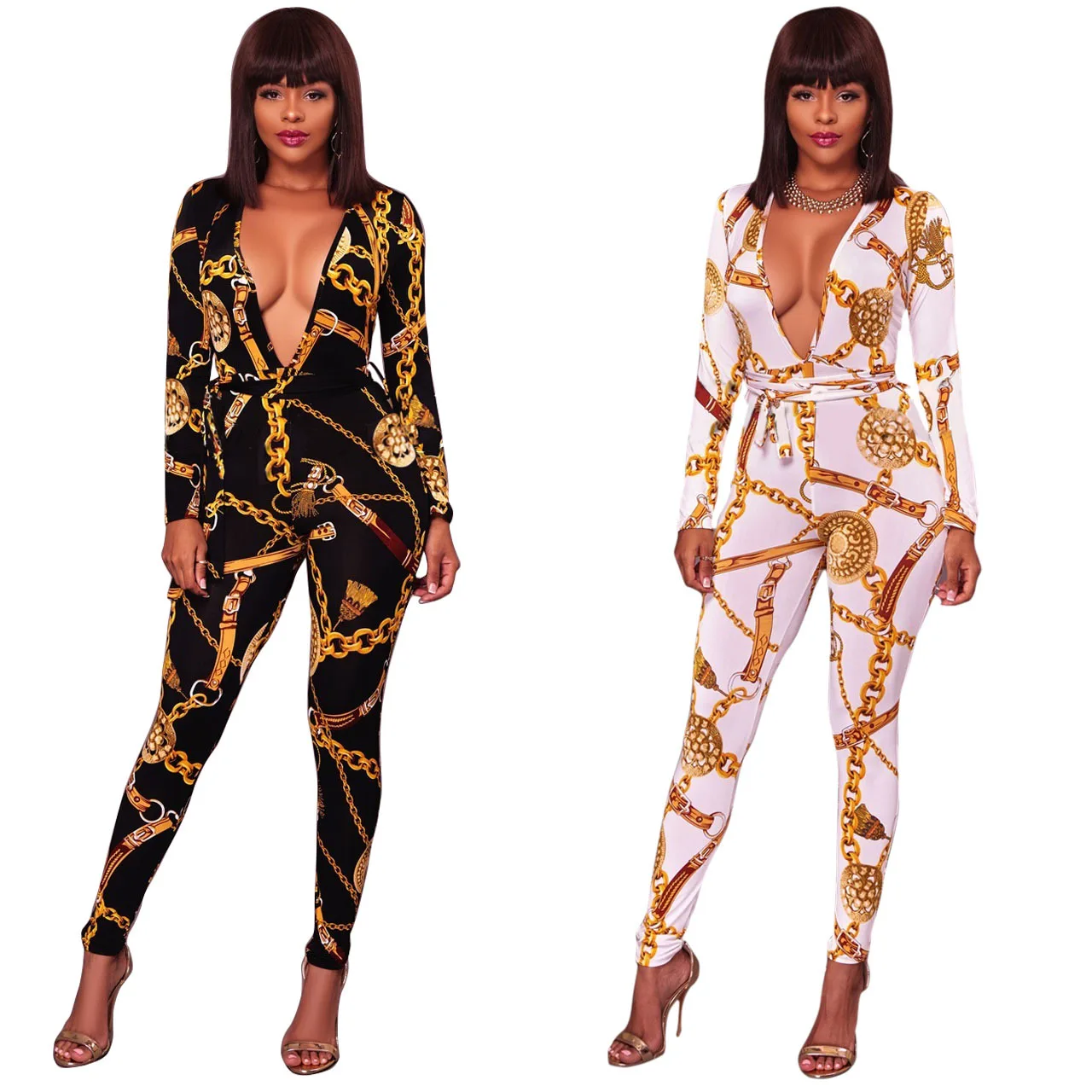 

European and American explosions fashion chain printing retro style V-neck long-sleeved jumpsuit