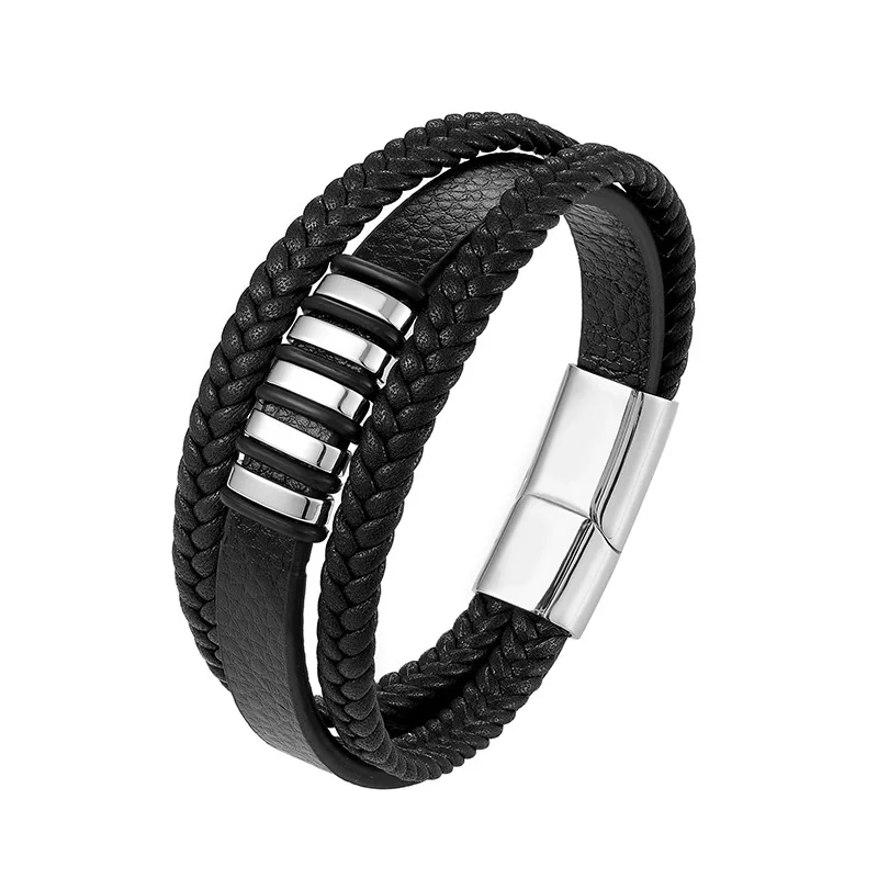 

Genuine Braided Punk Rock Bangles Friend Fashion Charm Magnetic Black Men Bracelet Leather And Stainless Steel, Picture