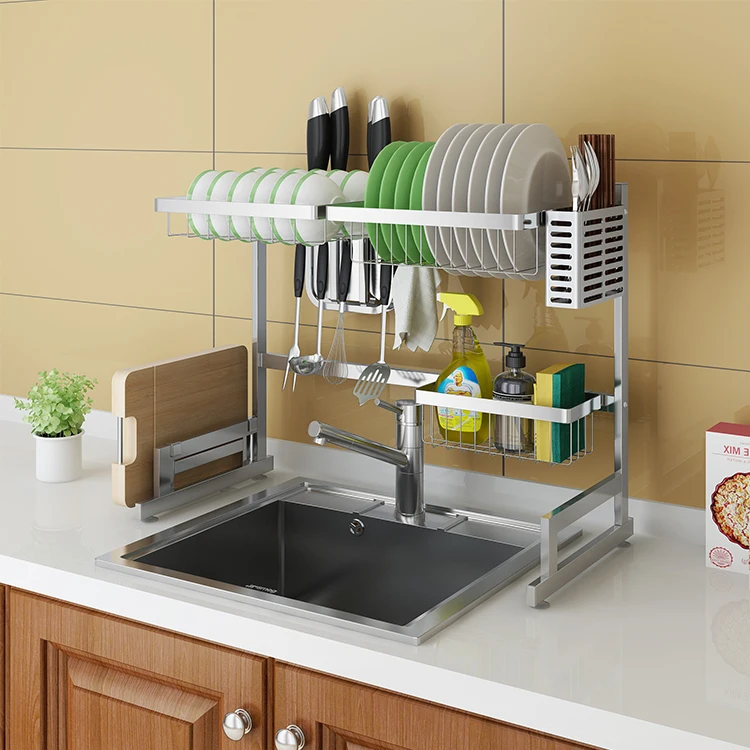 

Multifunctional Home Storage Over The Sink Two Tiers 304 Stainless Steel Dish Drainer Rack, Silver