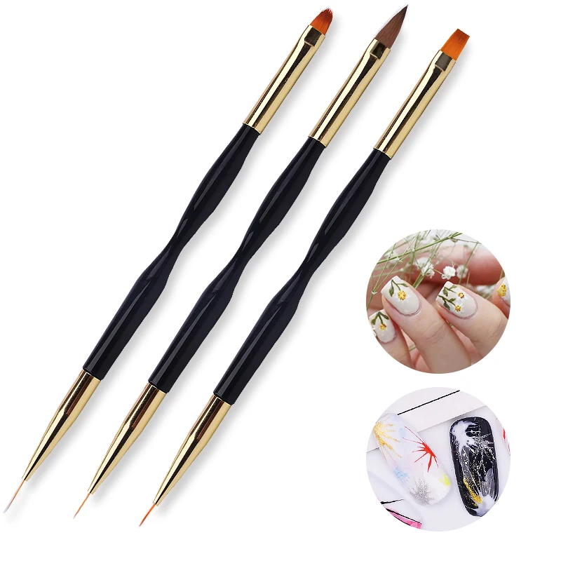 

Dual-End Line Drawing Nail Art Brush Gold Black Handle UV Gel Brushes for DIY Nails 3d Carving Liner Painting Pen Manicure Tools, Black gold