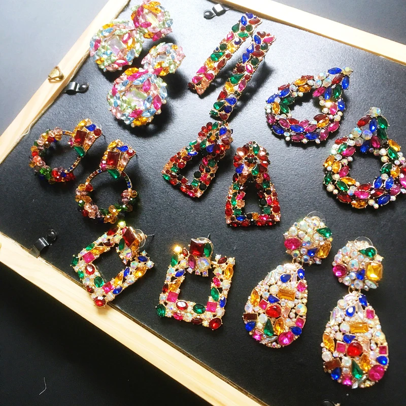 

Barlaycs Fashion Statement Channel Earrings Designer Geometric Gold Plated Multi Rhinestone Crystal Drop for Women Jewelry, Colorful