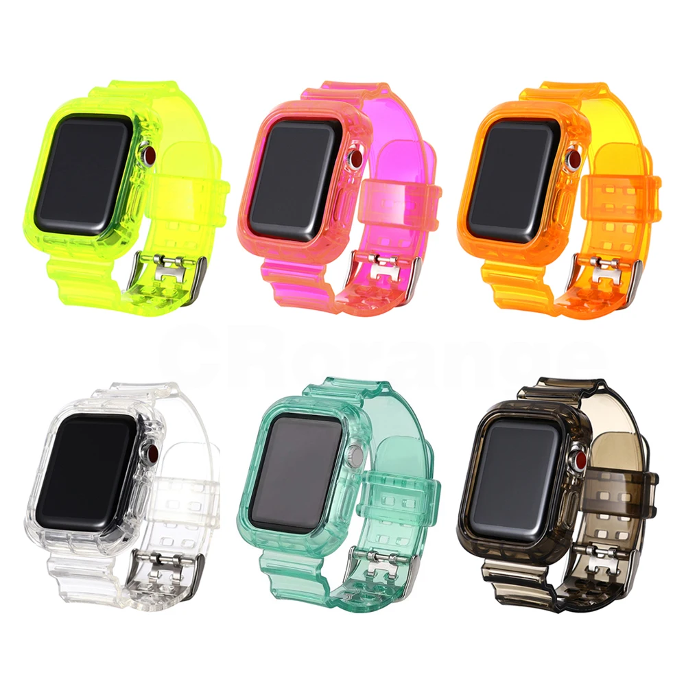 

Transparent Color watch strap for iwatch Series SE 6 5 4 3 2 Women Cute Girl Crystal Clear straps for Apple Watch Band with Case, 6 colors