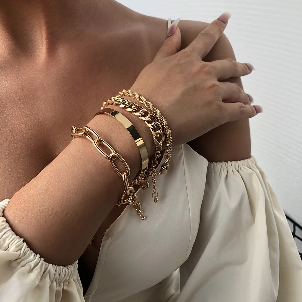 

JUHU New Exaggerated Alloy Thick Chain Bracelet Women European and American Fashion Simple Golden Bracelet, Gold/silver