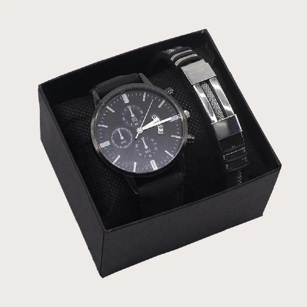 

6021 Free Box 2Pcs Men's Fashion Watch leather Quartz Watch With A Bracelet Set, 2 different colors as picture