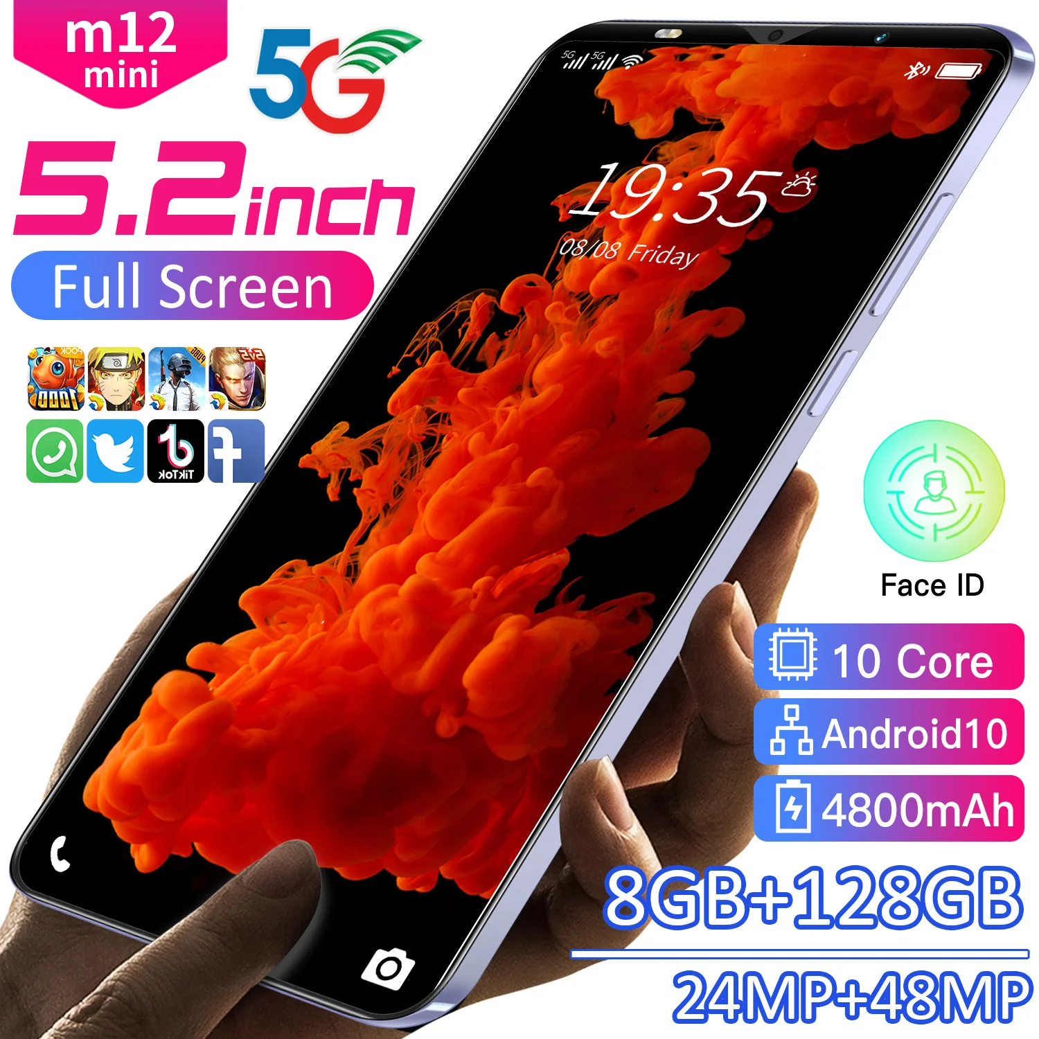 

Cheap Price Mobile Phones M12 mini 5.2 inch touch Screen Smart Phone 8+128GB Large Memory Android 10 unlock Cell phone