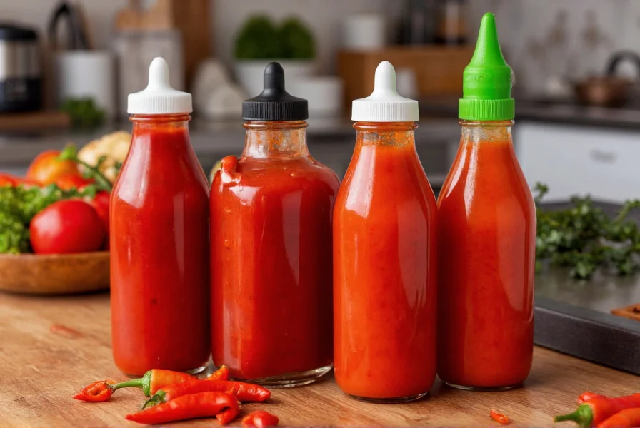 Various red pepper sauce bottles showing different colors and consistencies on wooden kitchen counter