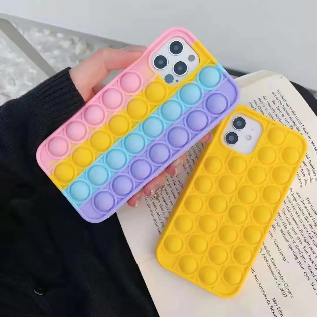 

Amazon Hot Sell Bubble Sensory Fidget Toys Phone case for iPhone with Autism Special Needs Stress Reliever Silicone phone cover, Rainbow colors