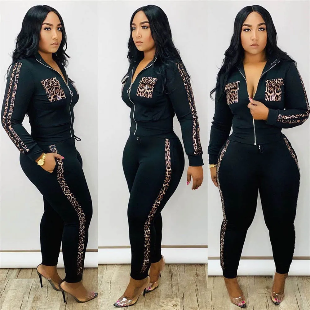 

2020 Fall Women Clothing sportswear Long Sleeve Top with Front Zipper Patchwork hoodies Leopard print two piece set, White, black, red, blue
