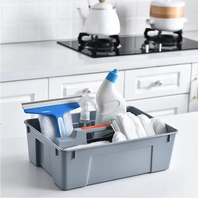 

Kitchen Tidy Organiser Tote Tray Cleaners Carry Tray Basket Cleaning Caddy, Gray