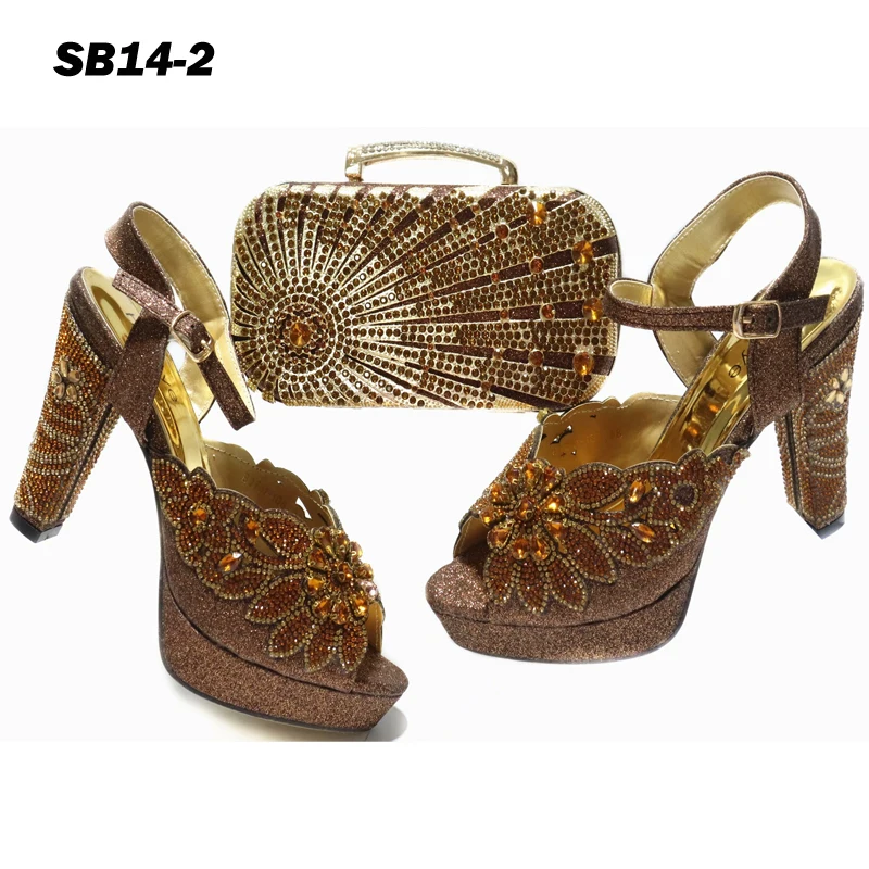 

2021 Fashion African Crystal Women Shoes And Bags Matching Set Coffee 10cm High Heels Shoe Bag Set
