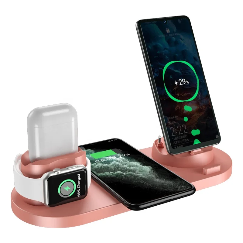 

New hot selling 6-In-1 Multi-Function Mobile Phone Wireless Charging Stand for iwatch airpods for android phone, Black/white/pink