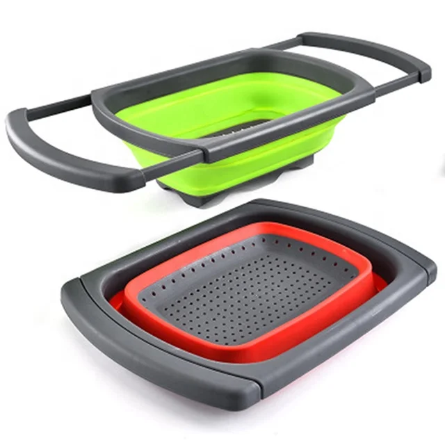 

Eco Friendly Over Sink Collapsible PP Plastic Utensils Kitchen Drainer Fruit And Vegetables Basket Drain Basket, Gray and blue