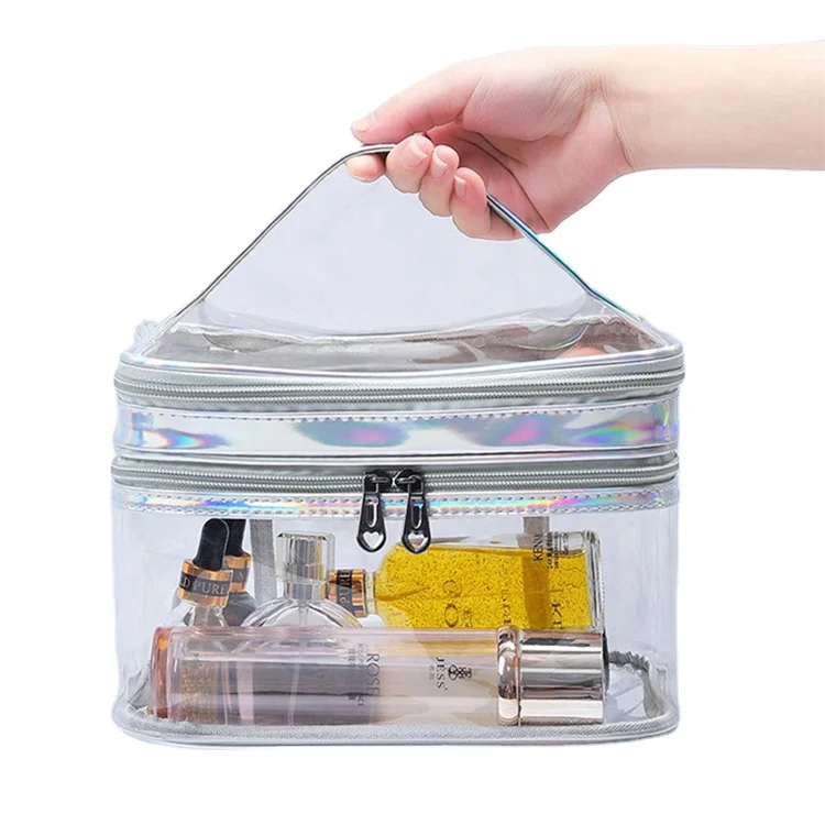 

Colorful Laser clear zipper pvc double layer portable travel cosmetic bag make up case bag for ladies, 3 colors