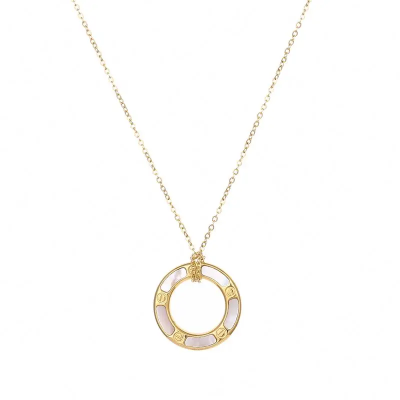 

Chinese Style White Sheell Gold Plated Stainless Steel Round Pendant Necklace For Women, Gold color