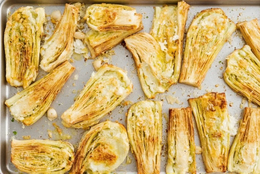 Golden roasted fennel wedges with garlic cloves on baking sheet