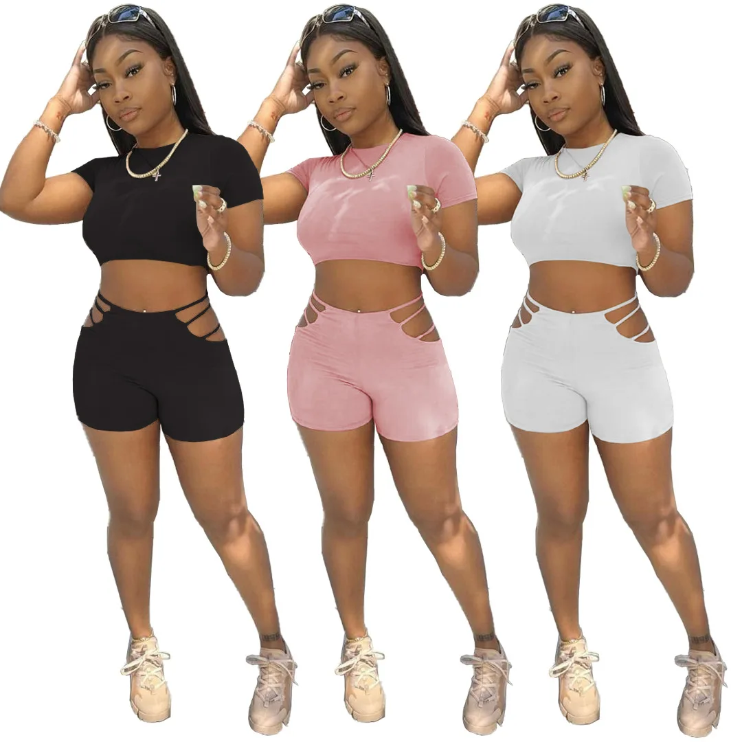 

2021 Summer Fitness Wear Sexy Solid Women Outfits 2 Piece Round Neck Crop Top And Shorts Suits Set, Picture
