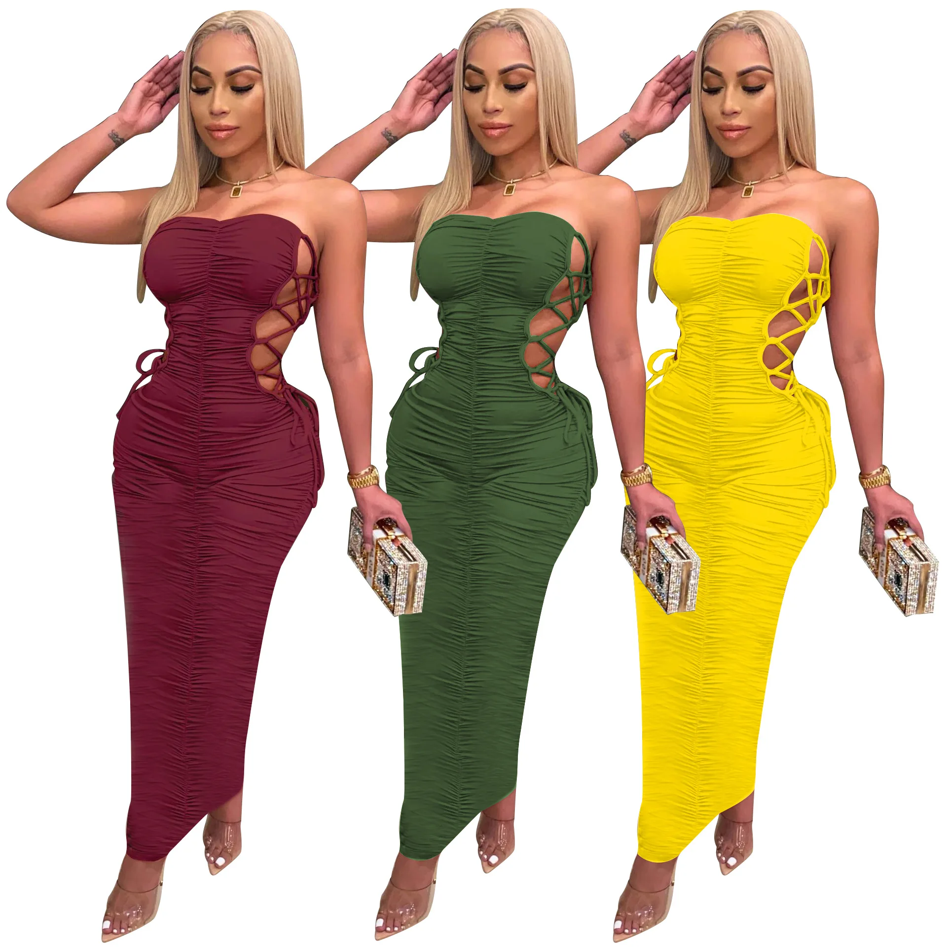 

MT89-9287 Hot summer clothes ruched side lace up strapless bodycon dresses women off shoulder midi dress