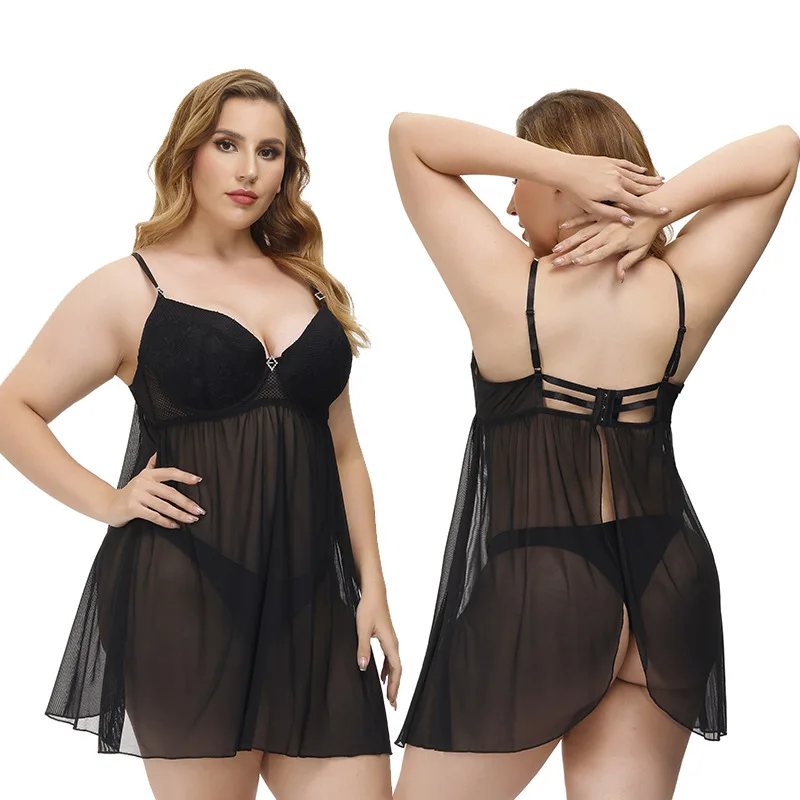 

Plus size sexy pajamas women lace thin sexy seductive sling nightdress