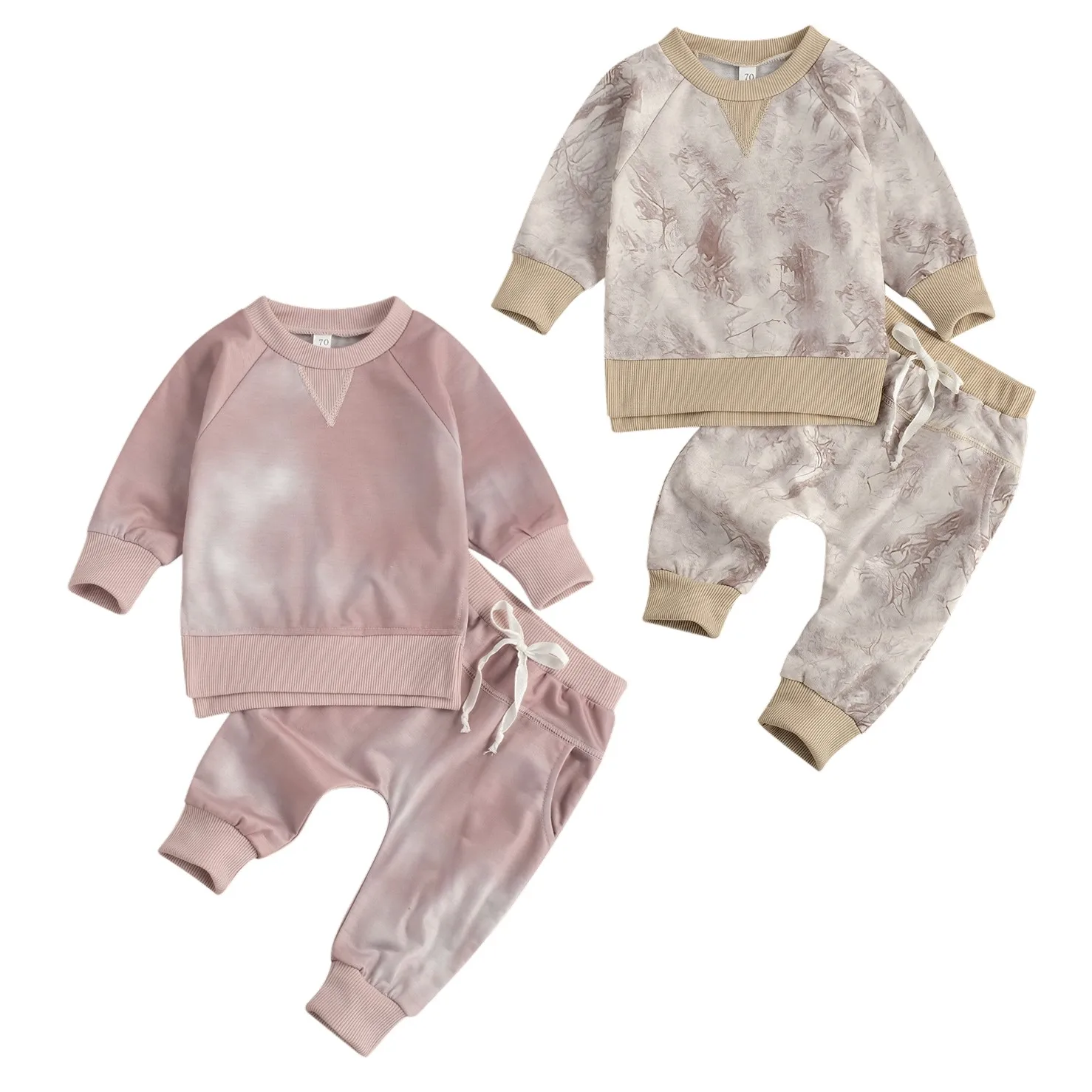 

New Fall Autumn 0-24M Toddler Baby Girl Boy Tie Dye Print 2Pcs Set Khaki/Pink Long Sleeve Top+Pockets Pants Infant Clothes