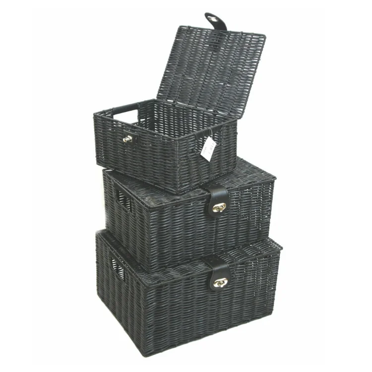 

Cheap Hot Sale Black Resin Woven Hamper Storage Plastic weaving Basket Box plastic woven basket With Lid, Customized color