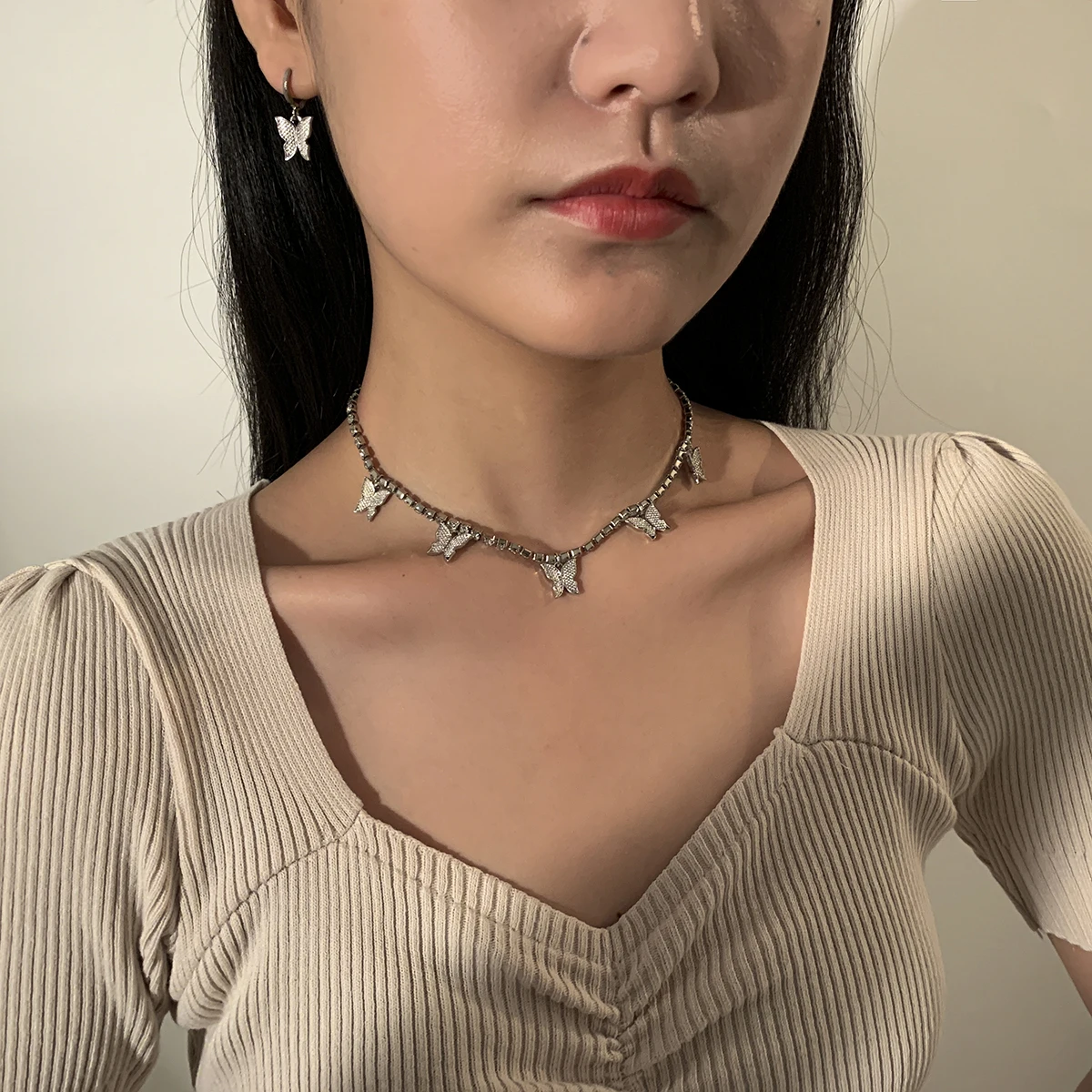 

SHIXIN Dubai Bridal Gold Jewelry Women Set Jewelry Tennis Chain Choker Butterfly Choker Collar Necklace & Earring Set for Girl