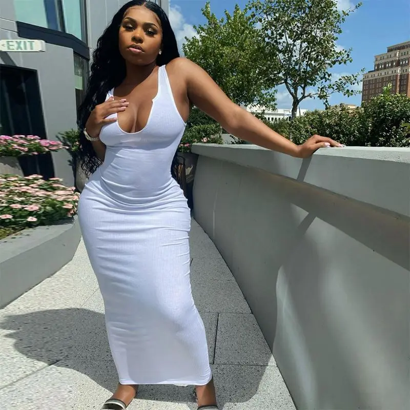 

Summer 2021 Women Daily Wear Casual 7 Color Sexy U-neck Sleeveless One Piece Bodycon Sexy Dress Maxi Dress