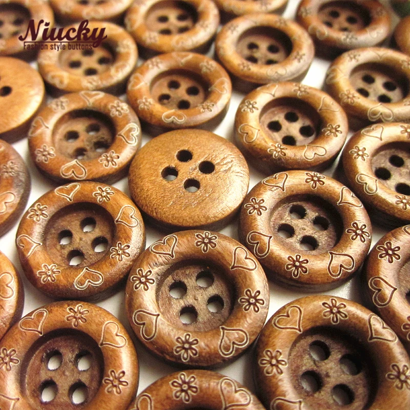 Wholesale 15mm 4 Holes Light Coffee Lovely Laser Carved Flower Round Wood Mesh Sewing Buttons Clothing Handmade Decoration