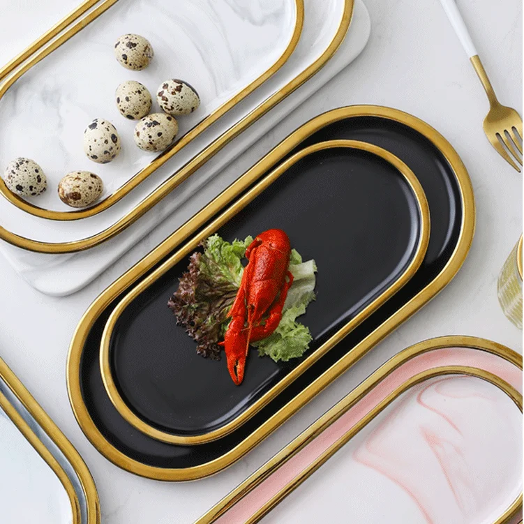 

Simple Design Restaurant Used Tableware Oval Matte Black Nordic Ceramic Fruit Steak Dessert Serving Plates With Gold Rim, Customized color
