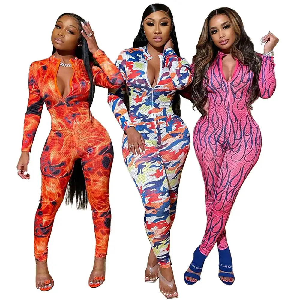 

Womens Jumpsuit Printed Fashion Zipper Bodycon Fitness Jumpsuits Ladies Sexy One Piece Women Clothing Top Quality RS00254