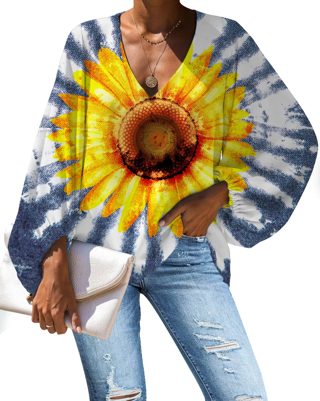 

Hawaii Custom Personalised Tie Dye OutfitsPatterns Women Casual V Neck Designer Blouse Tops Woman Blouse Long Sleeve Blouse, Customized color