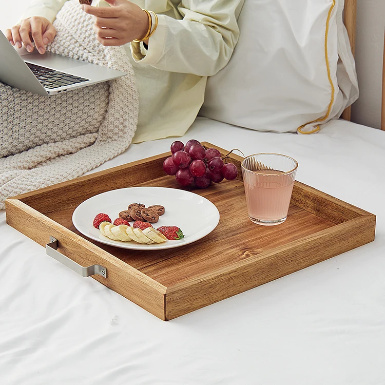 

Hot Selling Acacia Wood Serving Tray with Metal Handles for Food Breakfast Coffee Cake