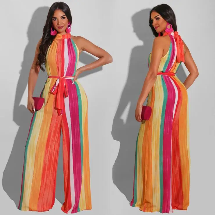 

Wholesale Women's sStriped Jumpsuits 2021 Autumn New Style Sleeveless Strapless Stand Collar Sexy Wide-Leg Pants Jumpsuit, Picture