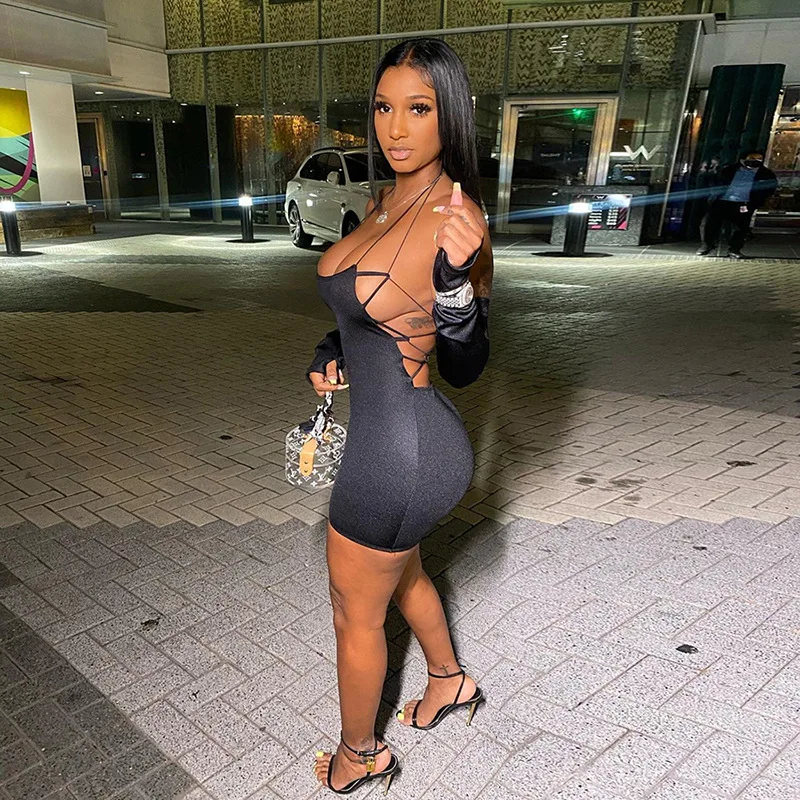 

Free Shipping R02018 - women sexy long sleeve halter backless strap dresses