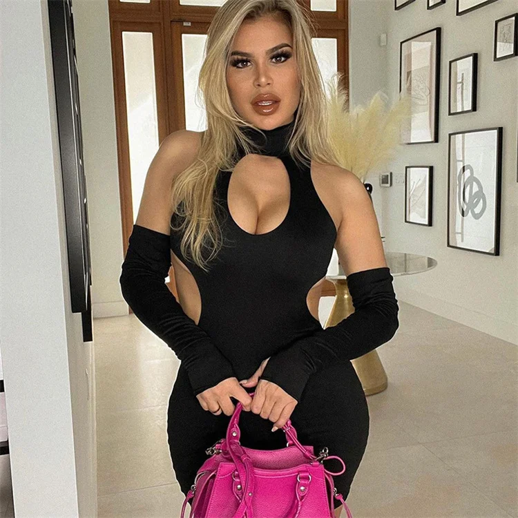 

Wholesale Solid Color Summer 2022 New design women halter Dress pure color hollow out sexy tight Club Wear women dress Bodycon, Mix color or custom colors