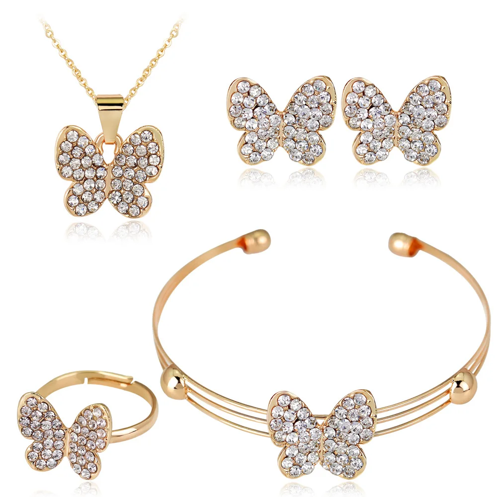 

Creative Adjustable Ring Bracelet Inlaid Zircon Necklace Charm Butterfly Jewelry Set for Women, Gold