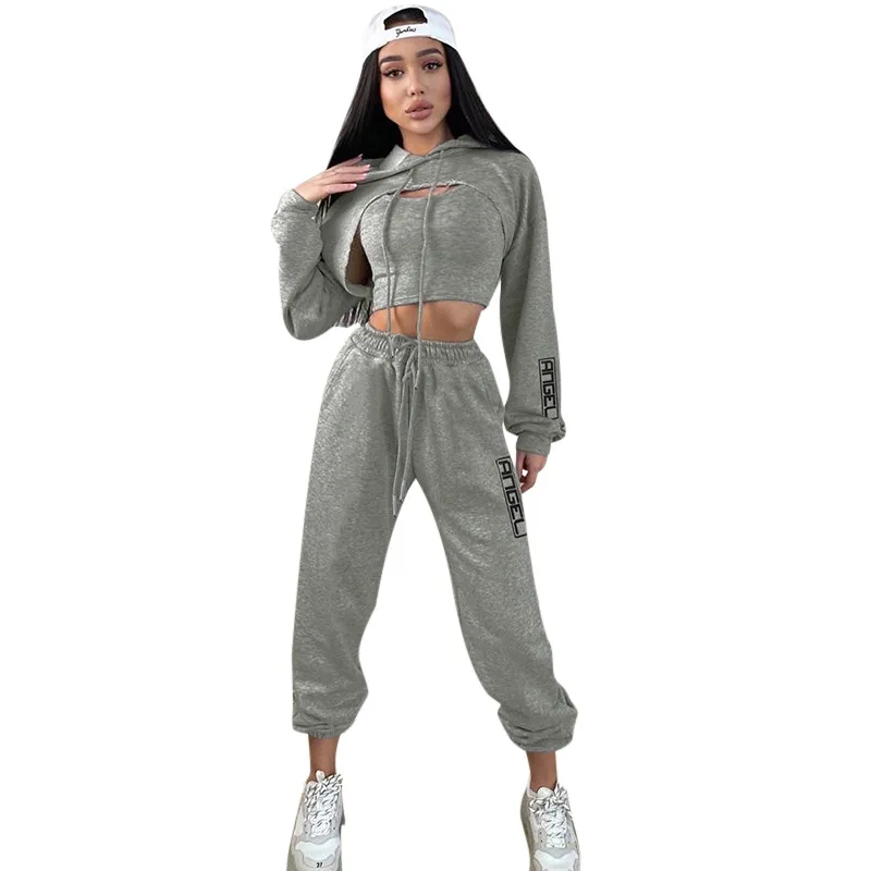 

Hot sale Sweat Suits Tanks Hoodie Crop Top and long pants Casual Sweatshirts And Sweatpants 3 Piece Set Women