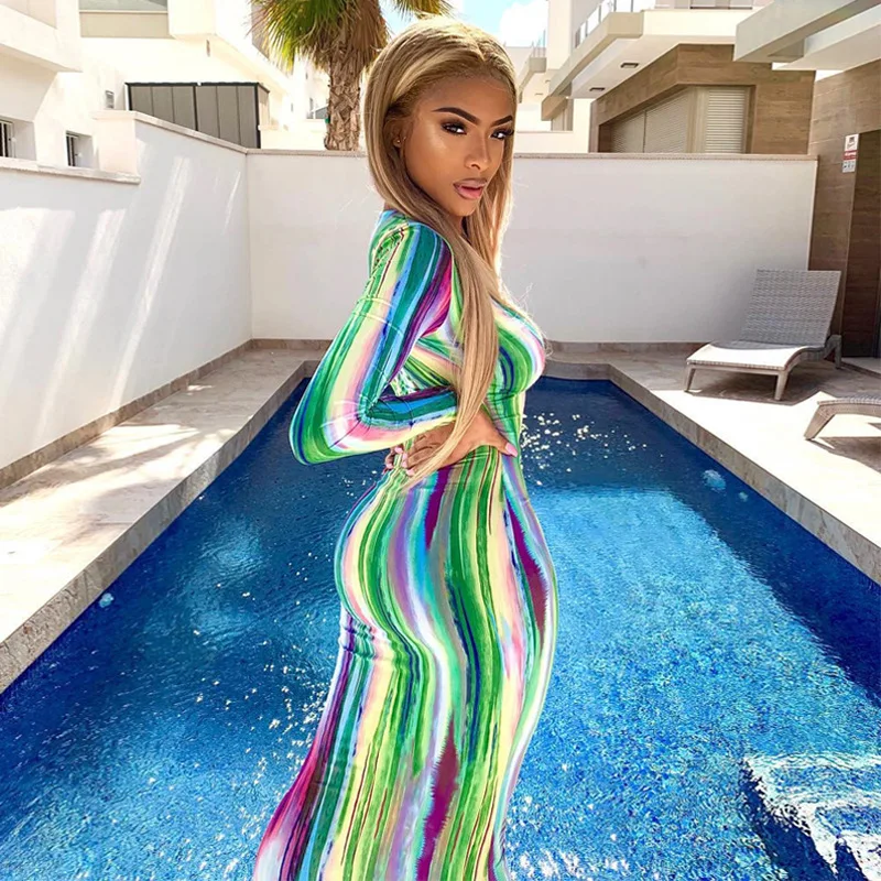 

X00006C Tie Dye Fashion Sexy Maxi Dresses Bodycon Long Sleeve V-Neck Dress Female Party Night Clubwear Casual Spring 2020, Black