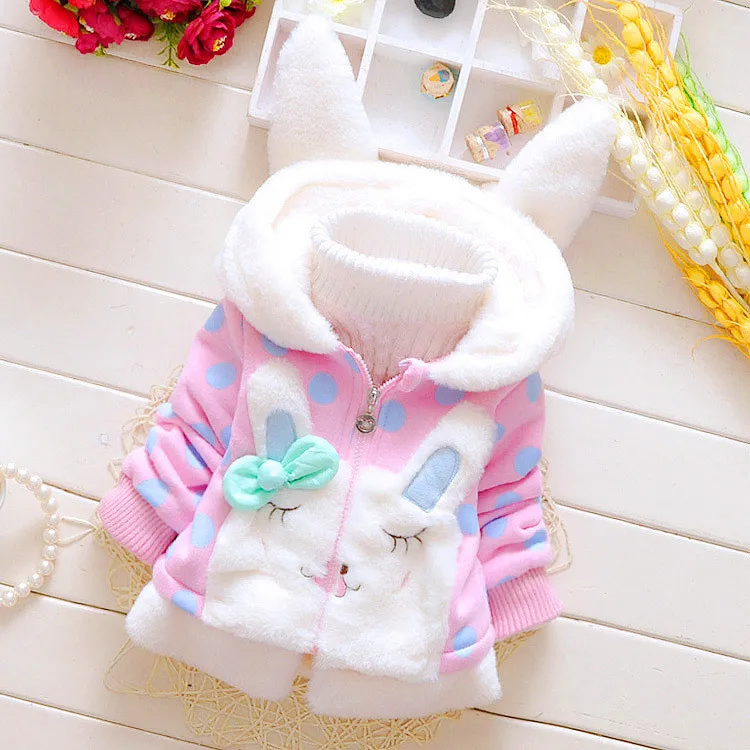 

Hooded Baby Girl Jacket Rabbit Shaped Full Sleeve Velvet Dot Jumper Coat Warm Kids Winter Clothing Thicker Toddler Girl Clothes, Pink/blue