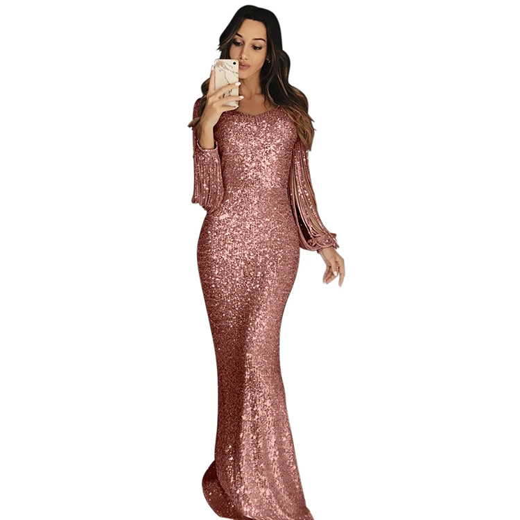 Mermaid Long Tassel Sleeve Glitter Party Dresses Dinner Dress for Ladies